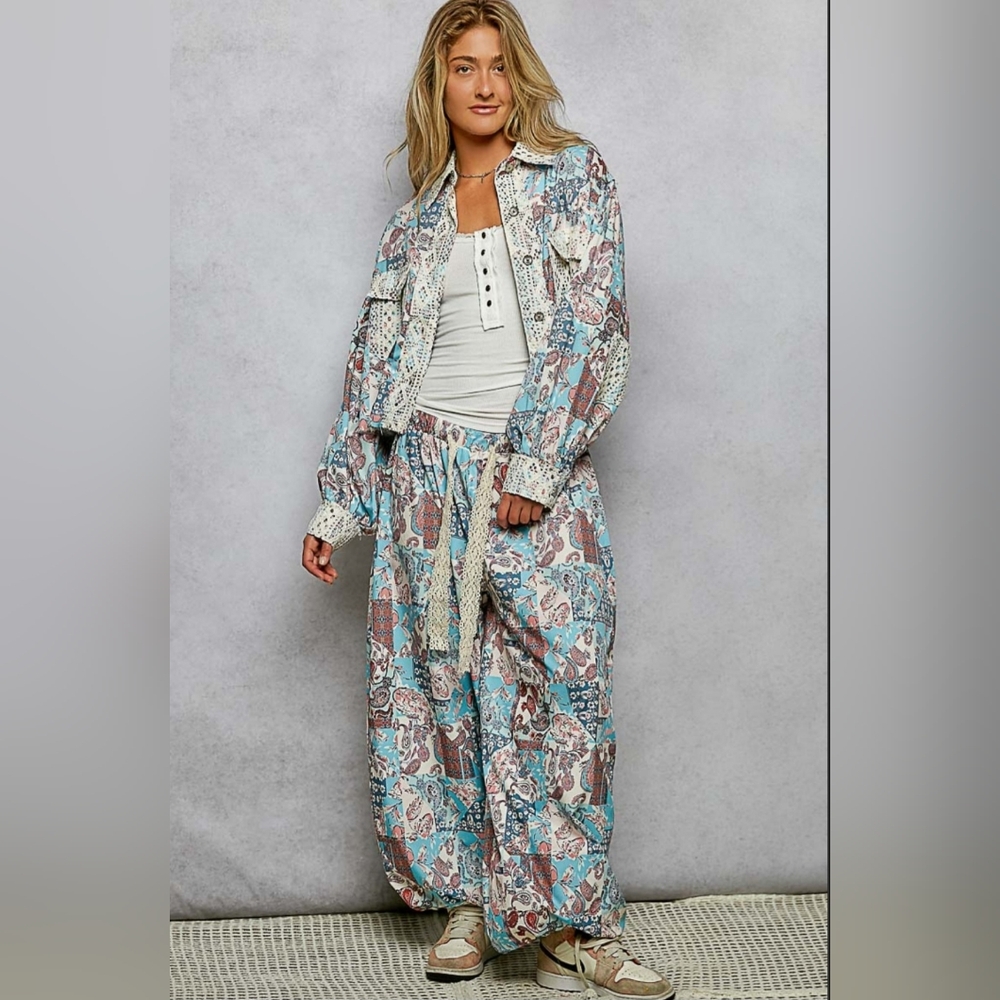 POL Women's Paisley Print Jacket & Wide-Leg Pants Set in Teal, Brown, Cream